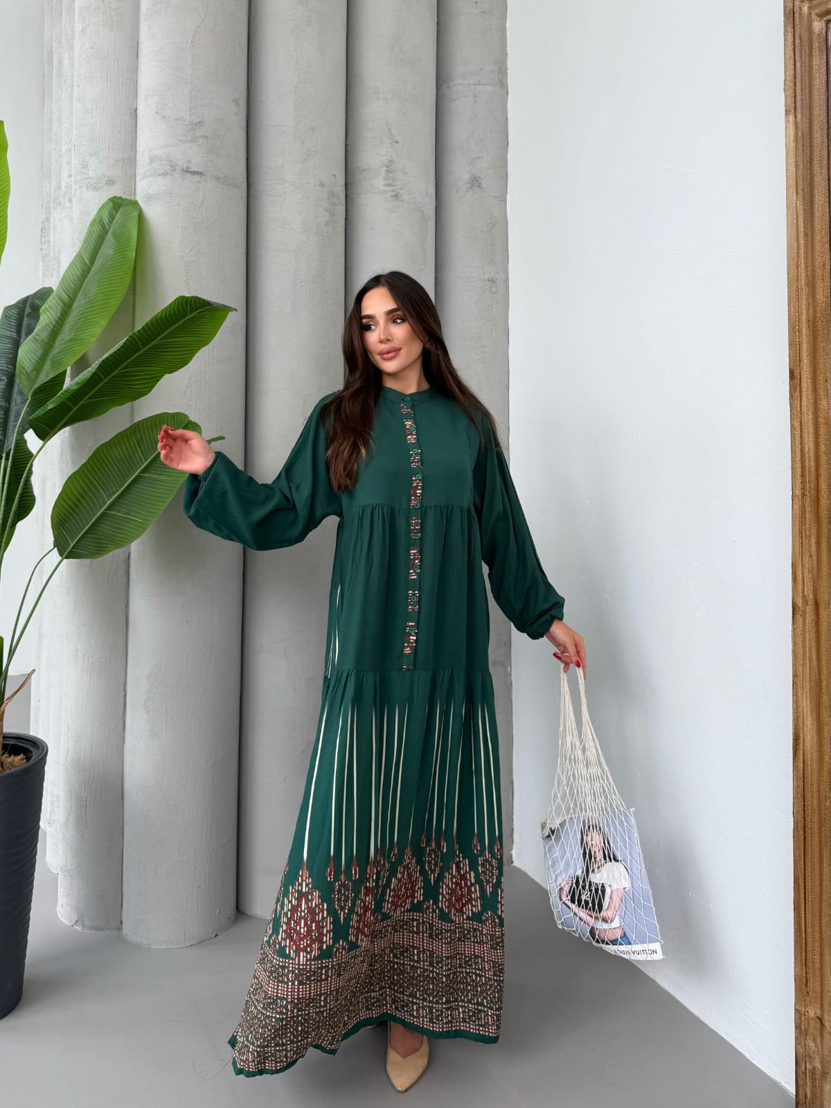 Balon Kol Yarı Düğmeli Model Elbise - Yeşil