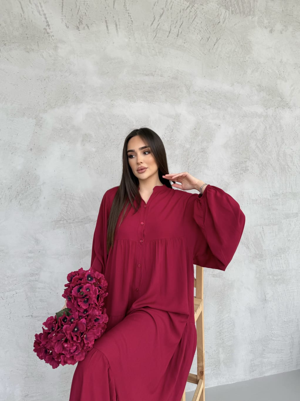 Balon Kol Yarı Düğmeli Elbise - Bordo