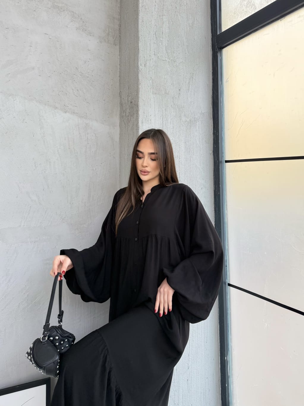 Balon Kol Yarı Düğmeli Elbise - Siyah