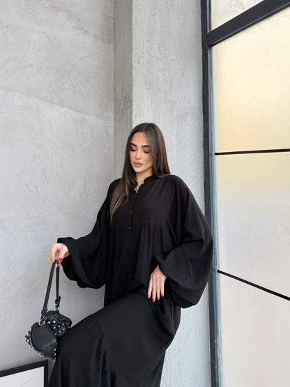 Balon Kol Yarı Düğmeli Elbise - Siyah