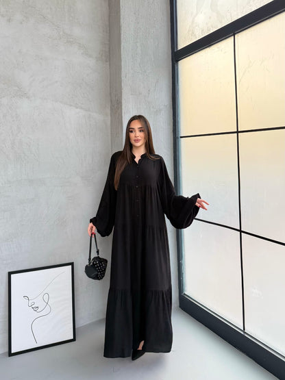 Balon Kol Yarı Düğmeli Elbise - Siyah