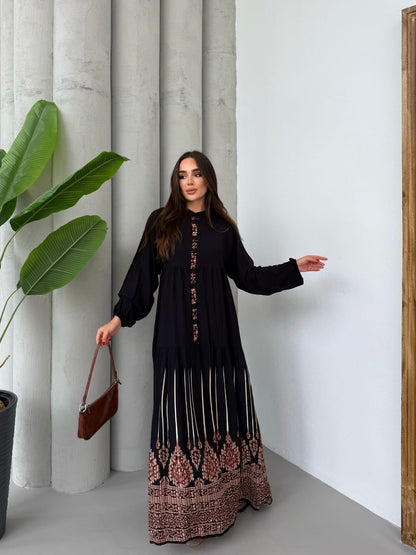 Balon Kol Yarı Düğmeli Model Elbise - Siyah