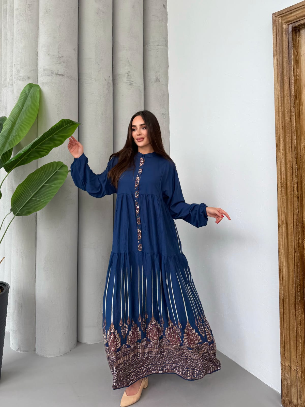 Balon Kol Yarı Düğmeli Model Elbise