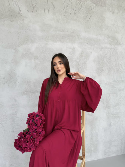 Balon Kol Yarı Düğmeli Elbise - Bordo