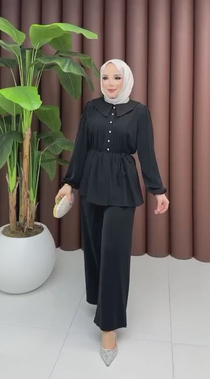 Yarı Düğmeli Balon Kol Takım