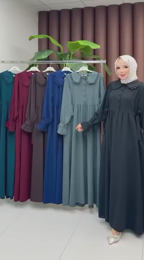 Yaka Detay Yarı Düğmeli Elbise