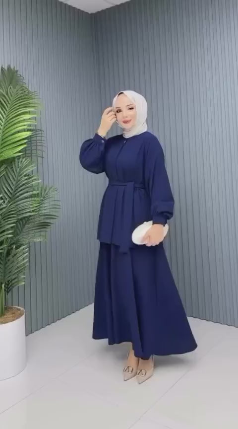 Kuşaklı Yaka Düğme Detay Etek Takım