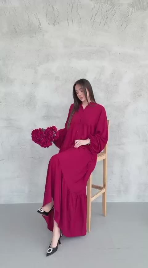 Balon Kol Yarı Düğmeli Elbise - Bordo