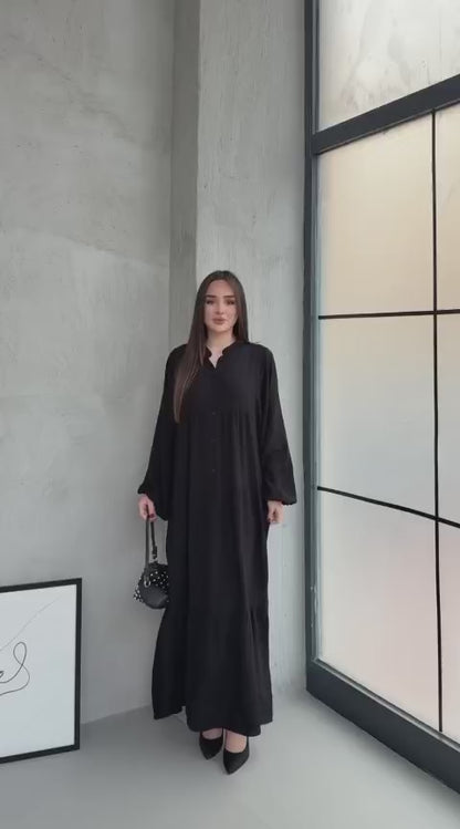 Balon Kol Yarı Düğmeli Elbise - Siyah