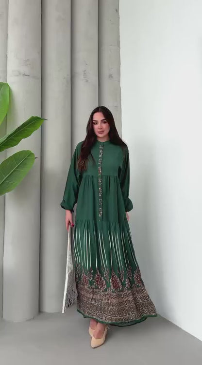 Balon Kol Yarı Düğmeli Model Elbise - Yeşil