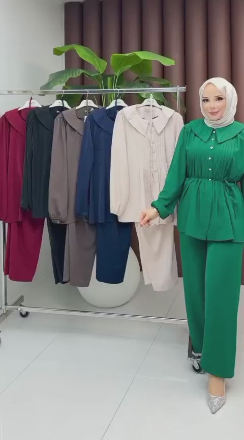 Yarı Düğmeli Balon Kol Takım