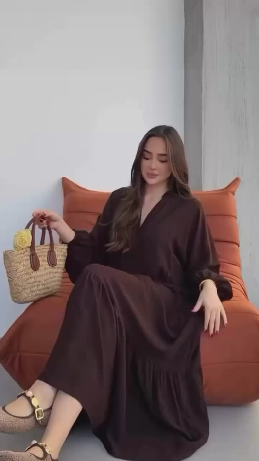 Balon Kol Yarı Düğmeli Elbise - Kahverengi